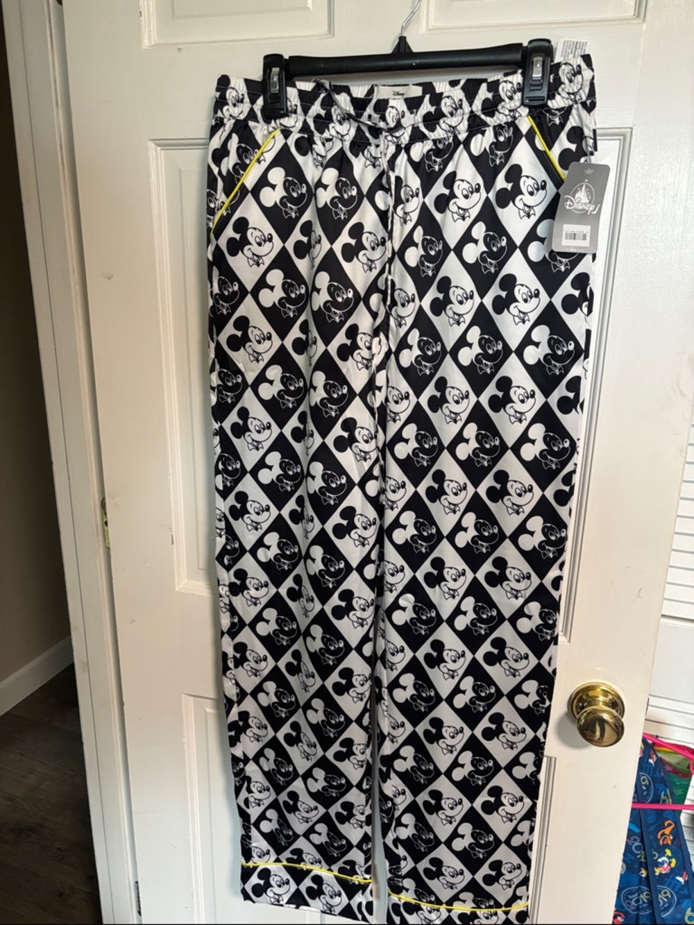 Disney Black & White Mickey Mouse Diamond Print Lounge Pants with Yellow Trim - Picture 2 of 8